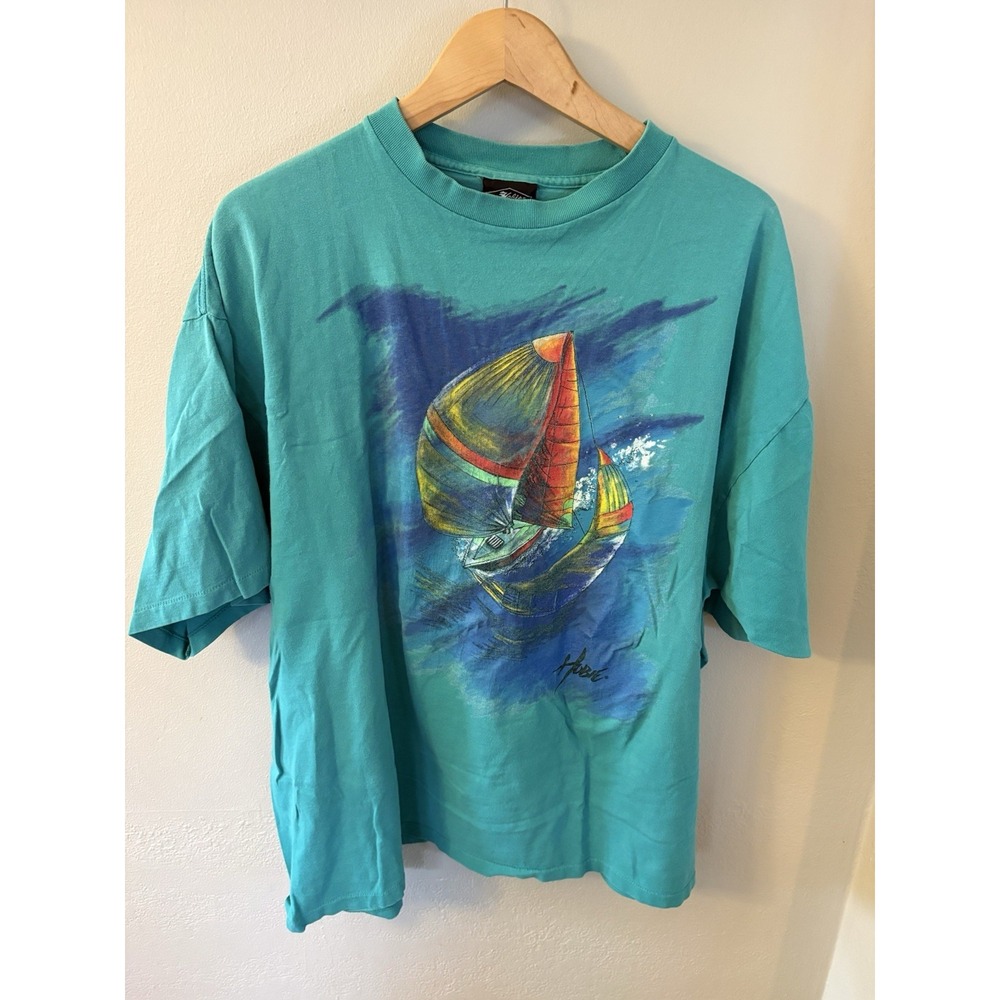 Vintage Hobie Sailing Ocean Single Stitch Graphic T Shirt Mens 2XLT Green USA